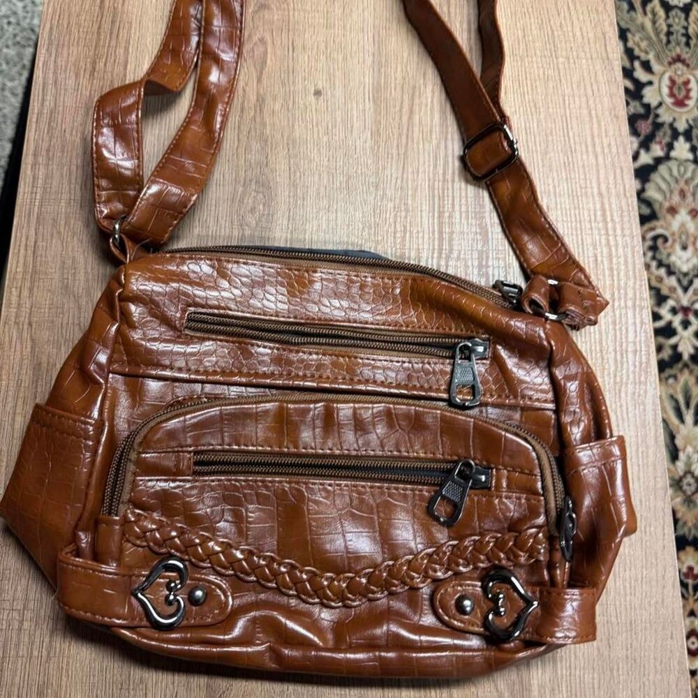 Y2K Brown Faux Crossbody Bag with Heart Hardware